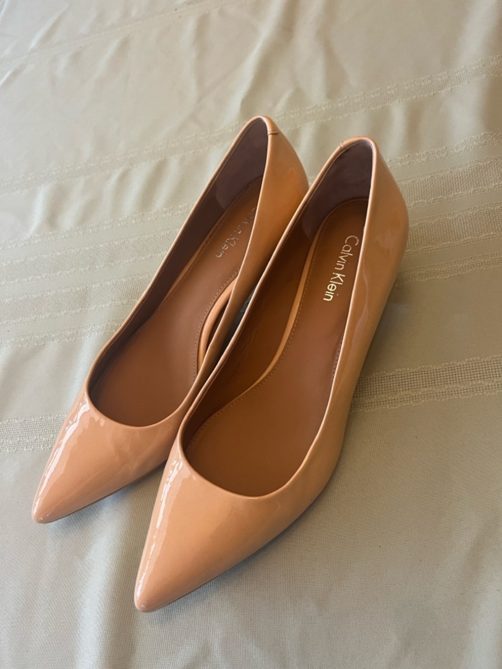 Calvin Klein Patent Pointed-Toe Flats in Nude